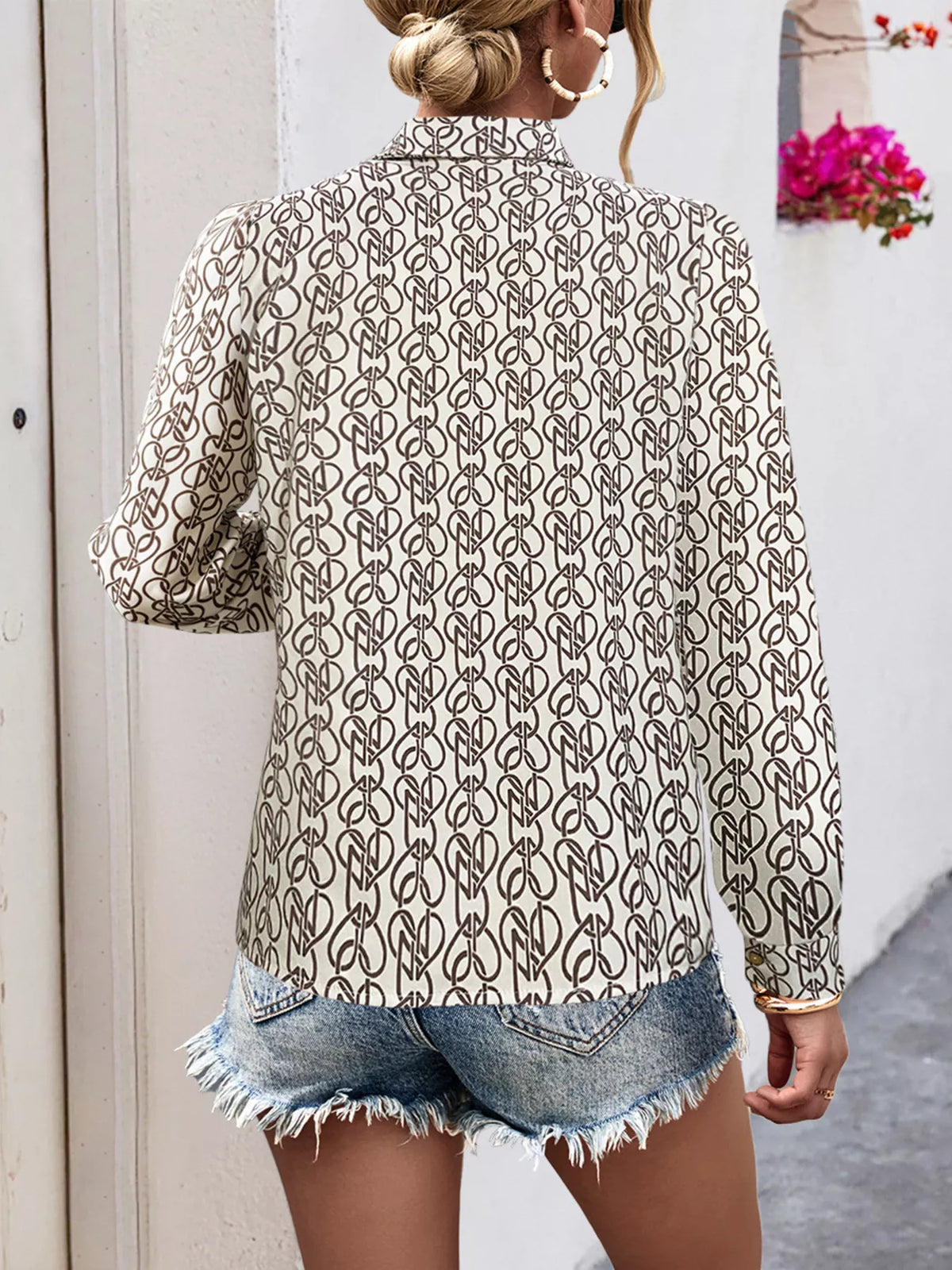 Printed Button-Down Long Sleeve Shirt in beige, geometric back view