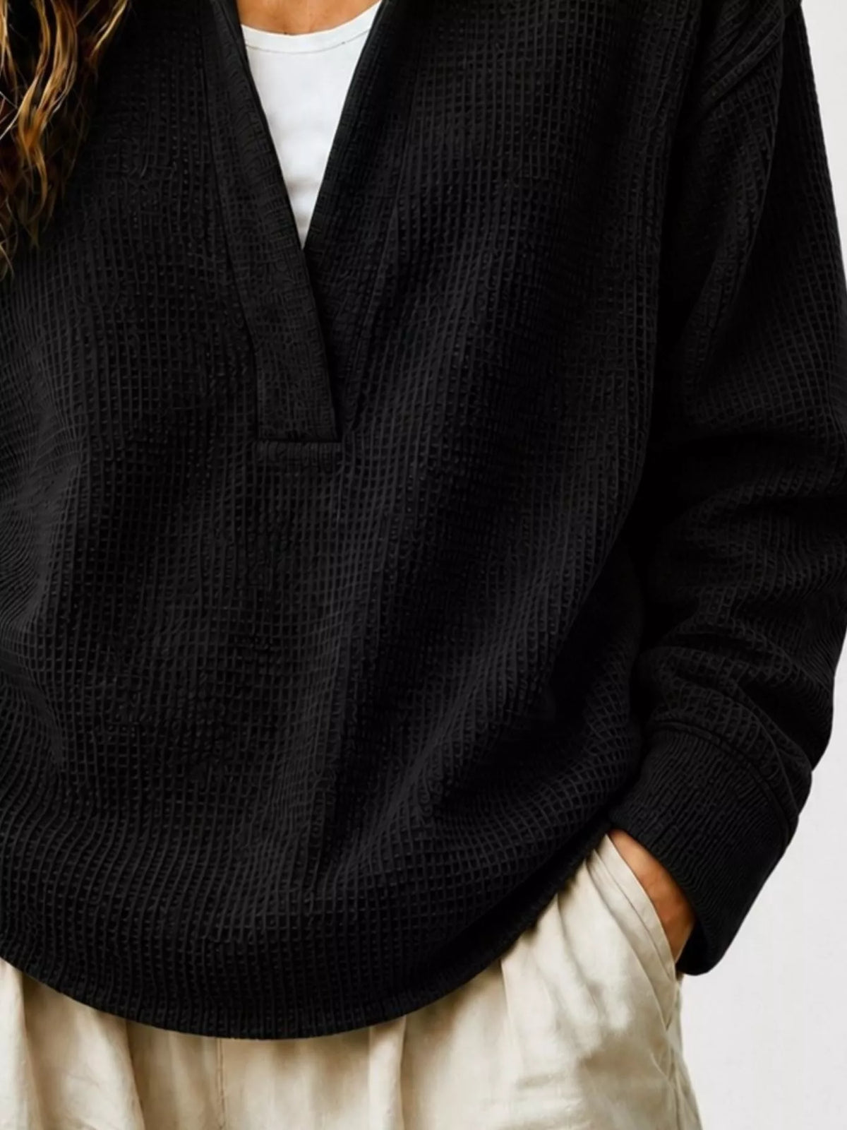 Black Waffle Knit Dropped Shoulder Sweatshirt detail view