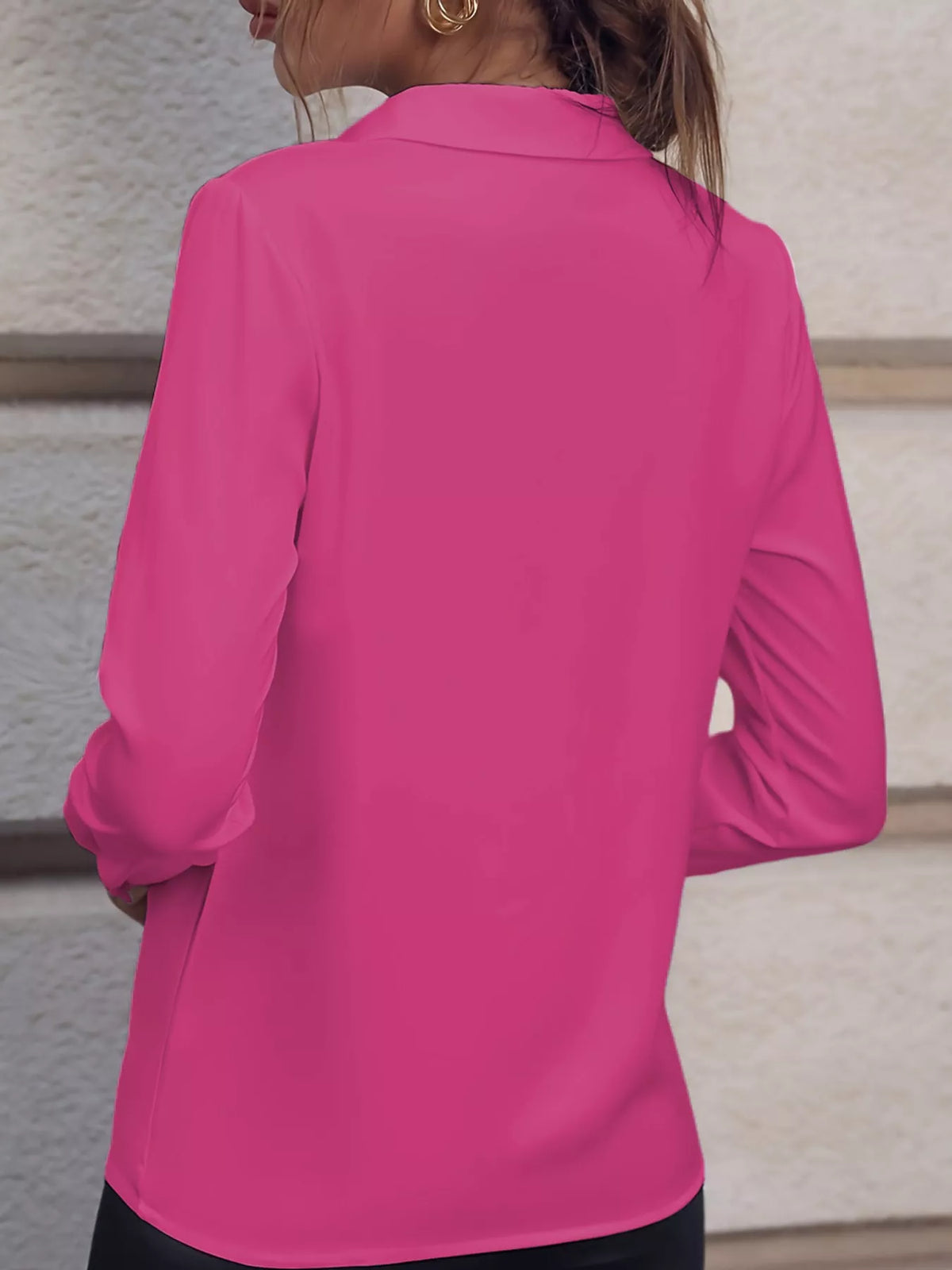 Women's Collared Clasp Detail Long Sleeve Satin Blouse in pink — back view