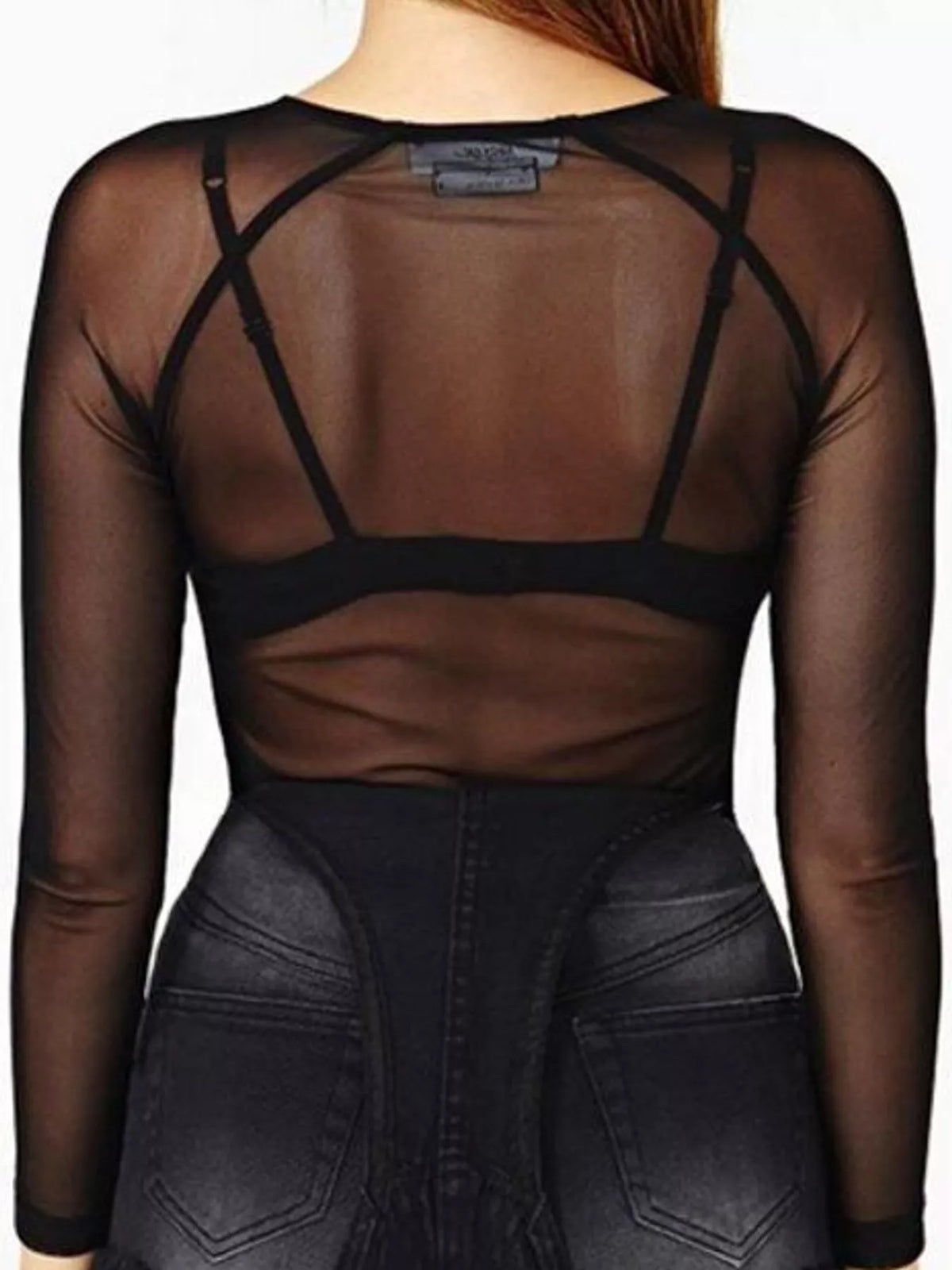 Black sheer mesh long sleeve top, back view