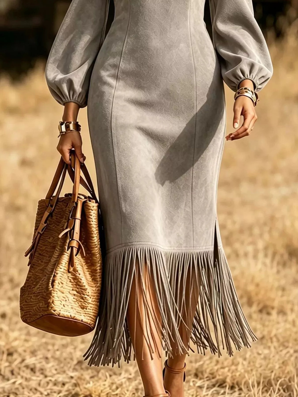 Gray fringe hem balloon sleeve midi dress, balloon sleeves, skirt panel seams, and fringe