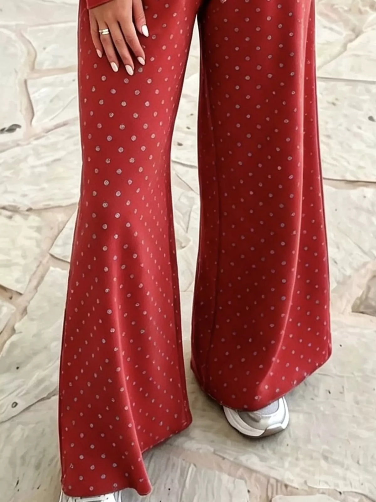 Red swiss dot crop top and wide-leg pants set — design and construction details