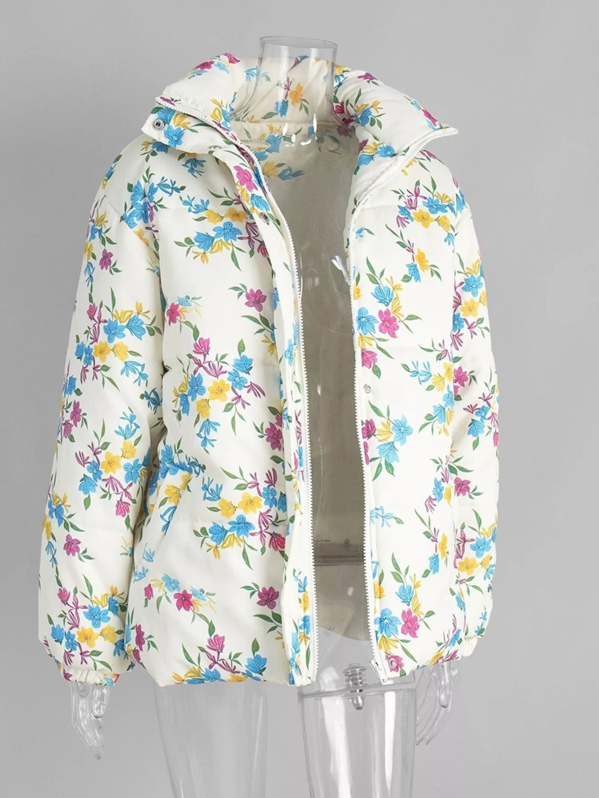 Floral Print Stand Collar Puffer Jacket, front view