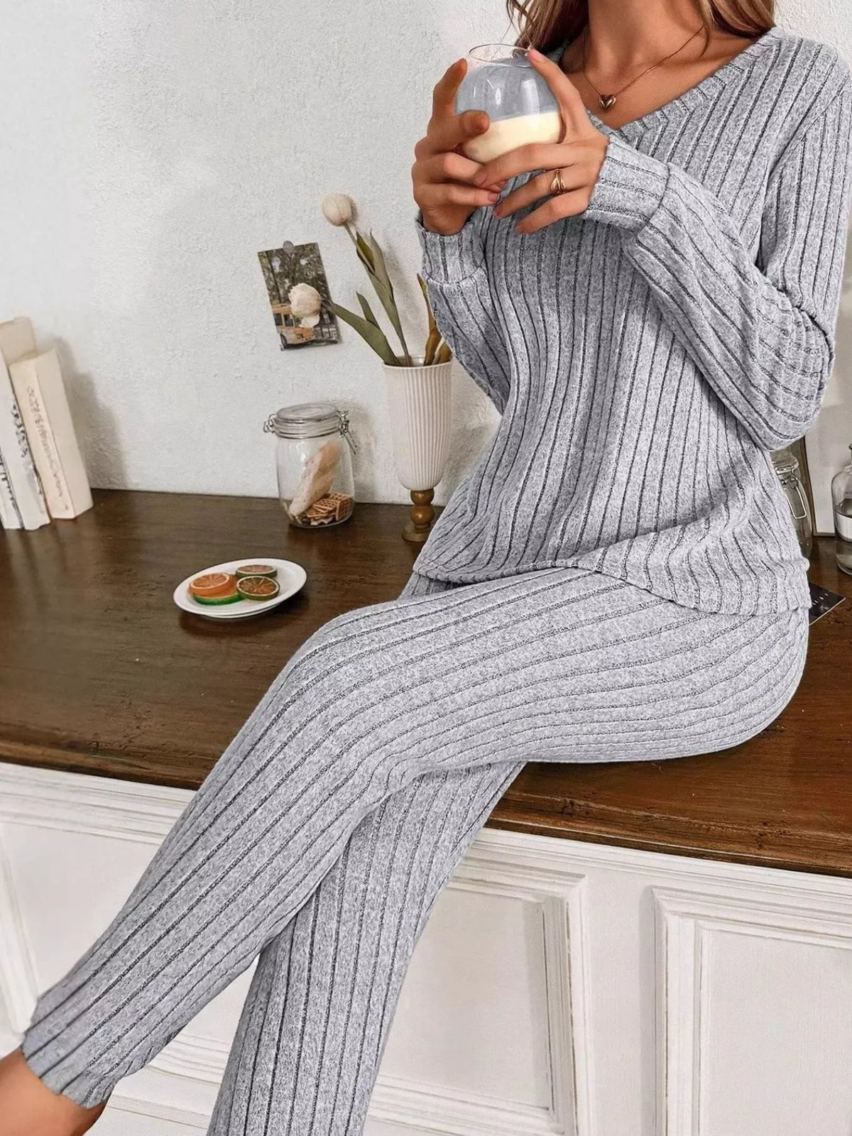 Ribbed Knit Long Sleeve Top and Pants Loungewear Set — side view