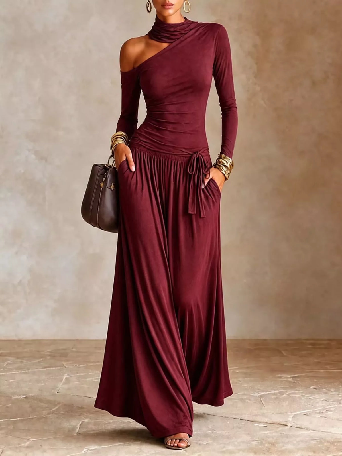 Burgundy asymmetric shoulder-cutout maxi dress with gathered skirt