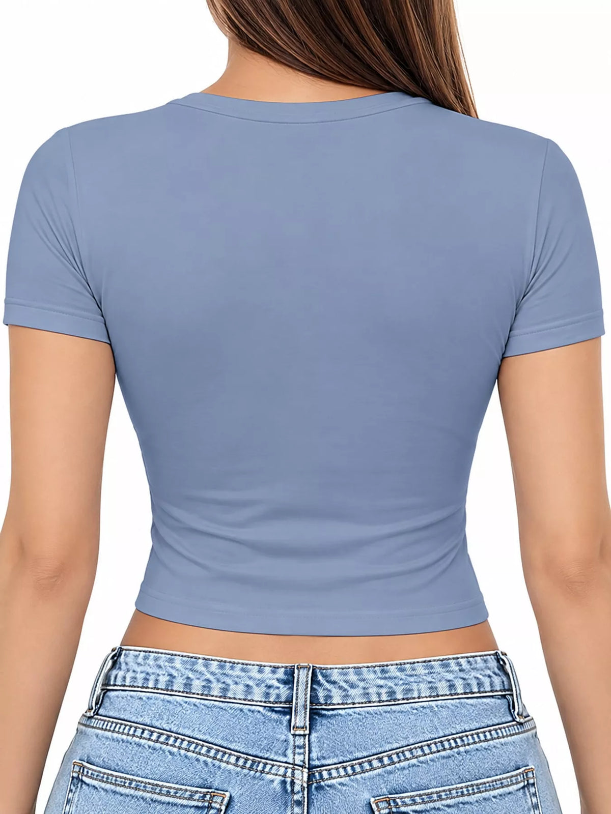 Dusty blue crew neck crop T-shirt, back view