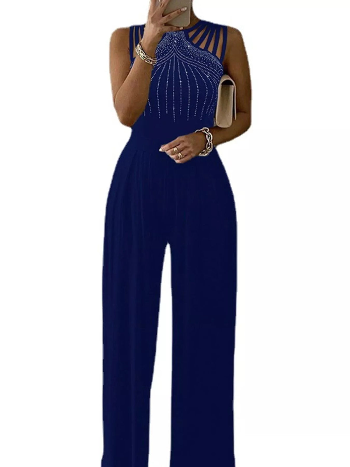 Blue wide-leg sleeveless jumpsuit