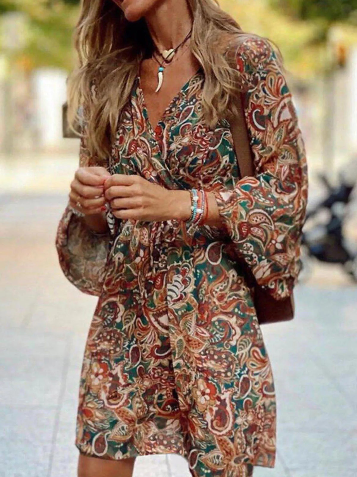 Trendsi Full Size Paisley Print Long Sleeve Mini Dress Plus Size -