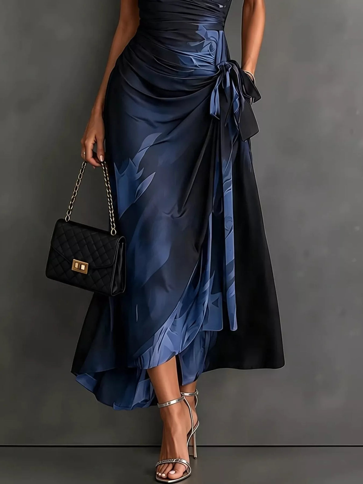 Blue and black tie-detail surplice dress, midi skirt detail