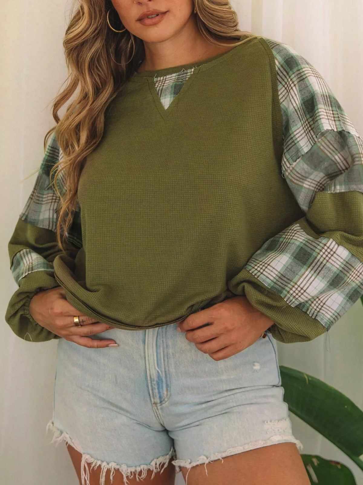Plaid-patch top, olive plaid front tucked