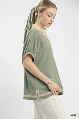 Trendsi Umgee Linen Contrast Trim V-Neck Blouse -