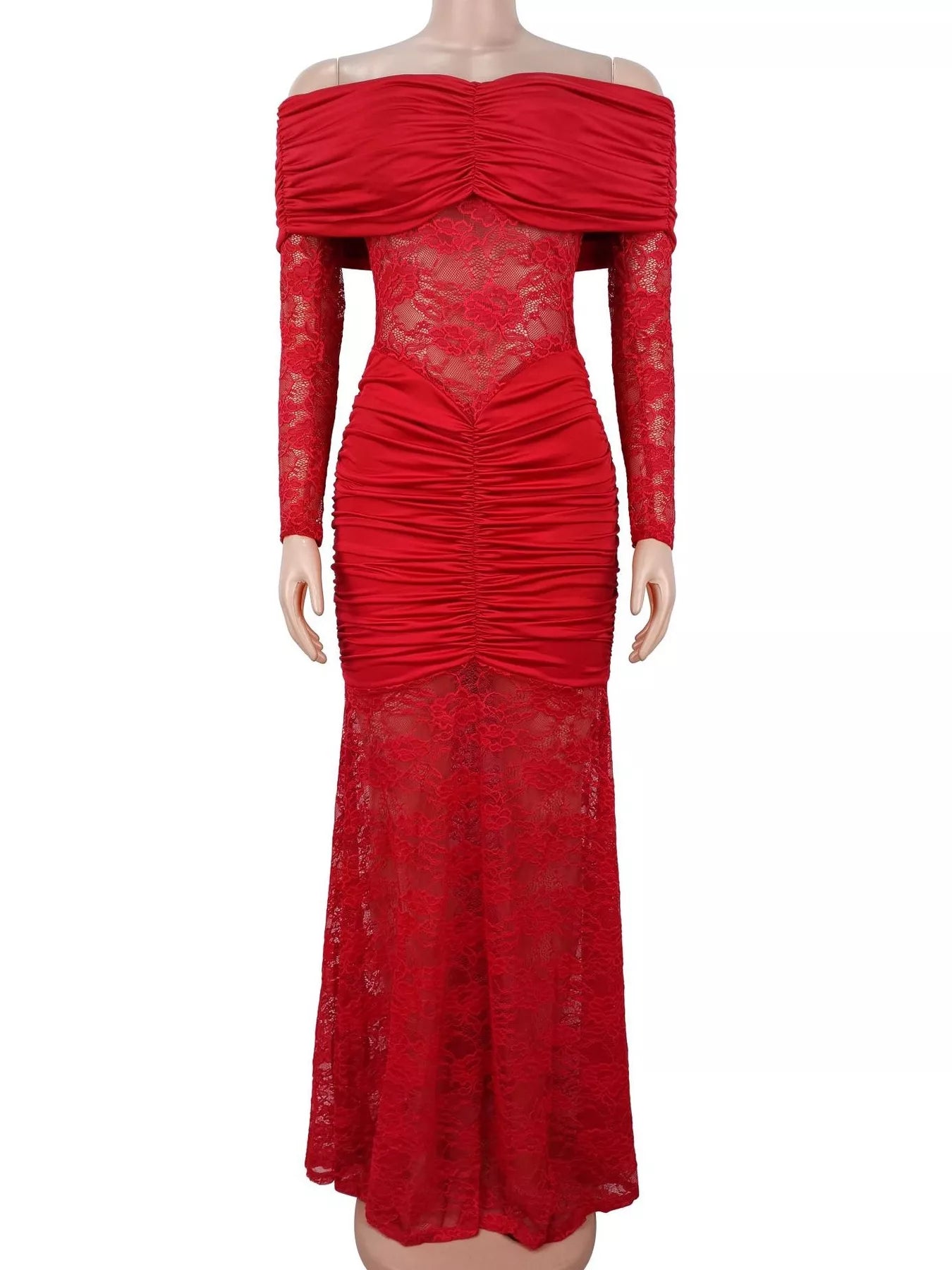 Trendsi Off-Shoulder Ruched Lace Mermaid Maxi Dress -