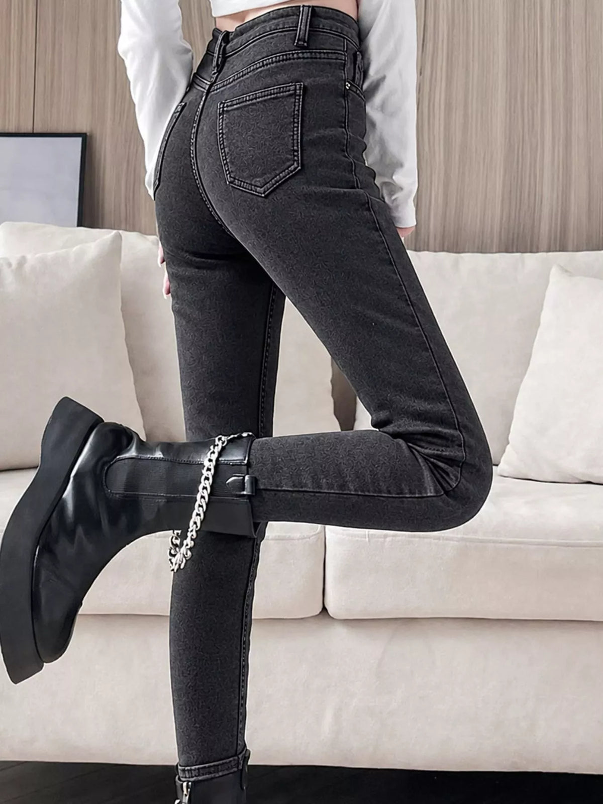High-Waisted Slim-Fit Stretch Fleece Jeans — side view