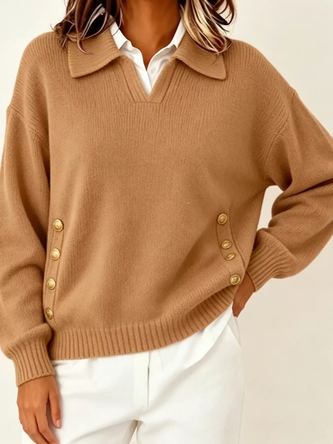 Trendsi Chic Collared Decor-Button Sweater -