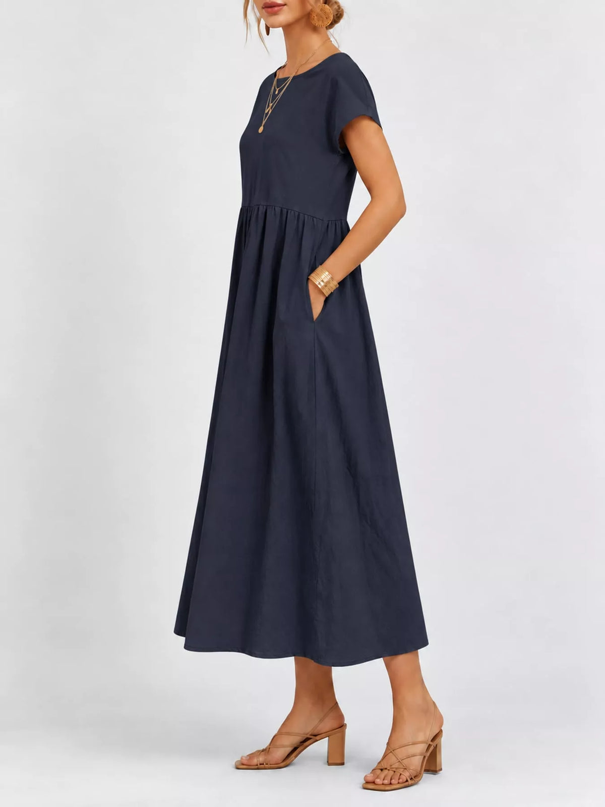 Round neck short sleeve midi dress, side view