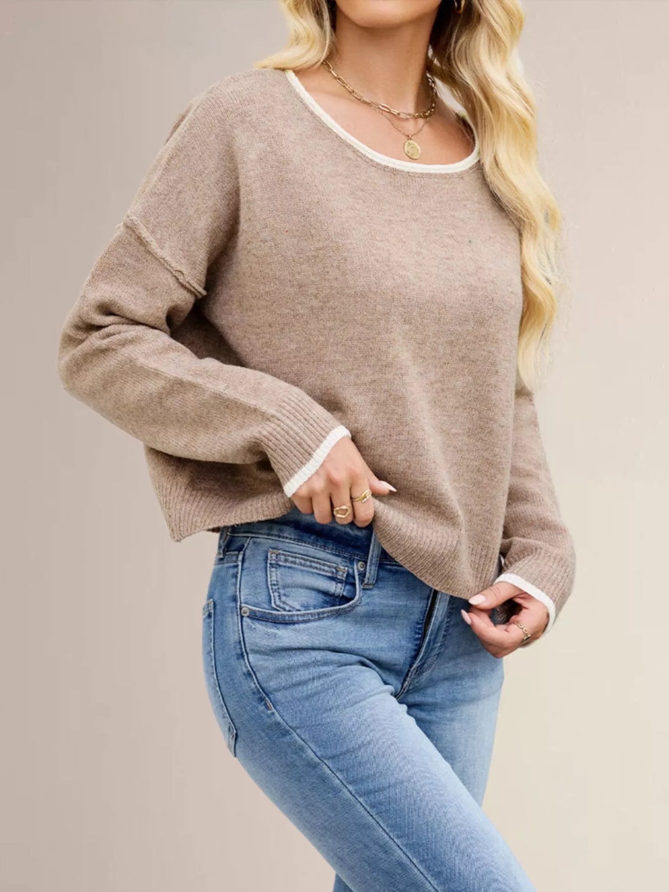 Trendsi Contrast Trim Dropped Shoulder Sweater -