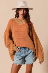 Trendsi SO ME Oversized Two Tone Textured V Neck Sweater -