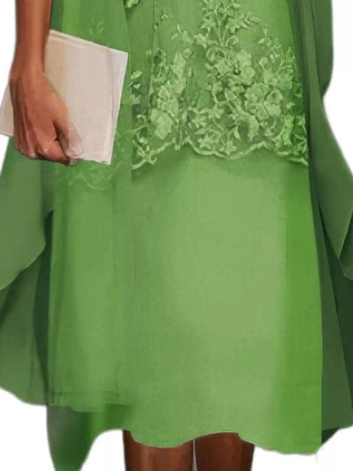 Green lace overlay dress and chiffon cardigan set, floral overlay edge and layered skirt hem