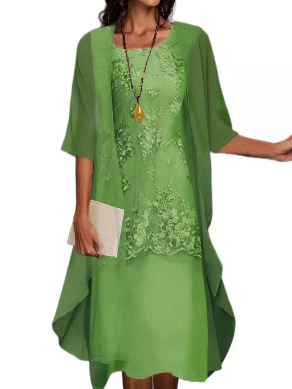Green lace overlay dress and chiffon cardigan set