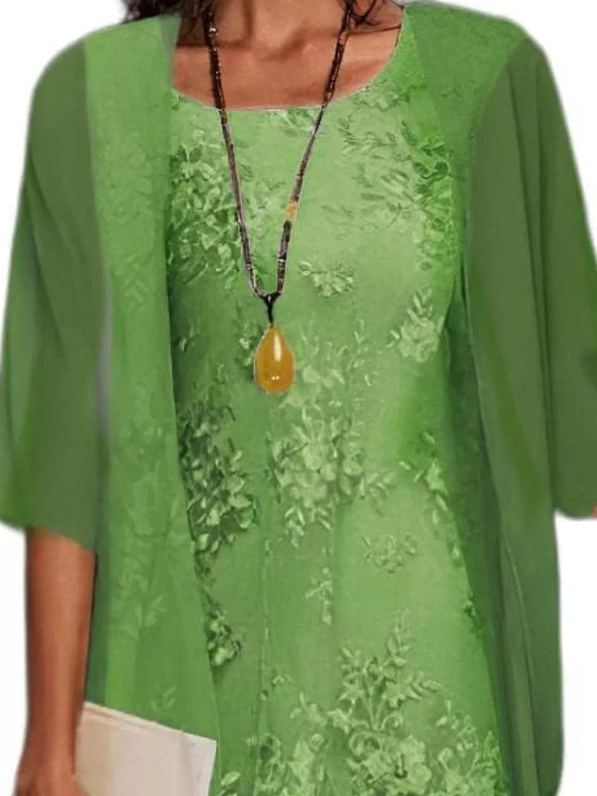 Green lace overlay dress and chiffon cardigan set, floral overlay neckline and sheer outer layer