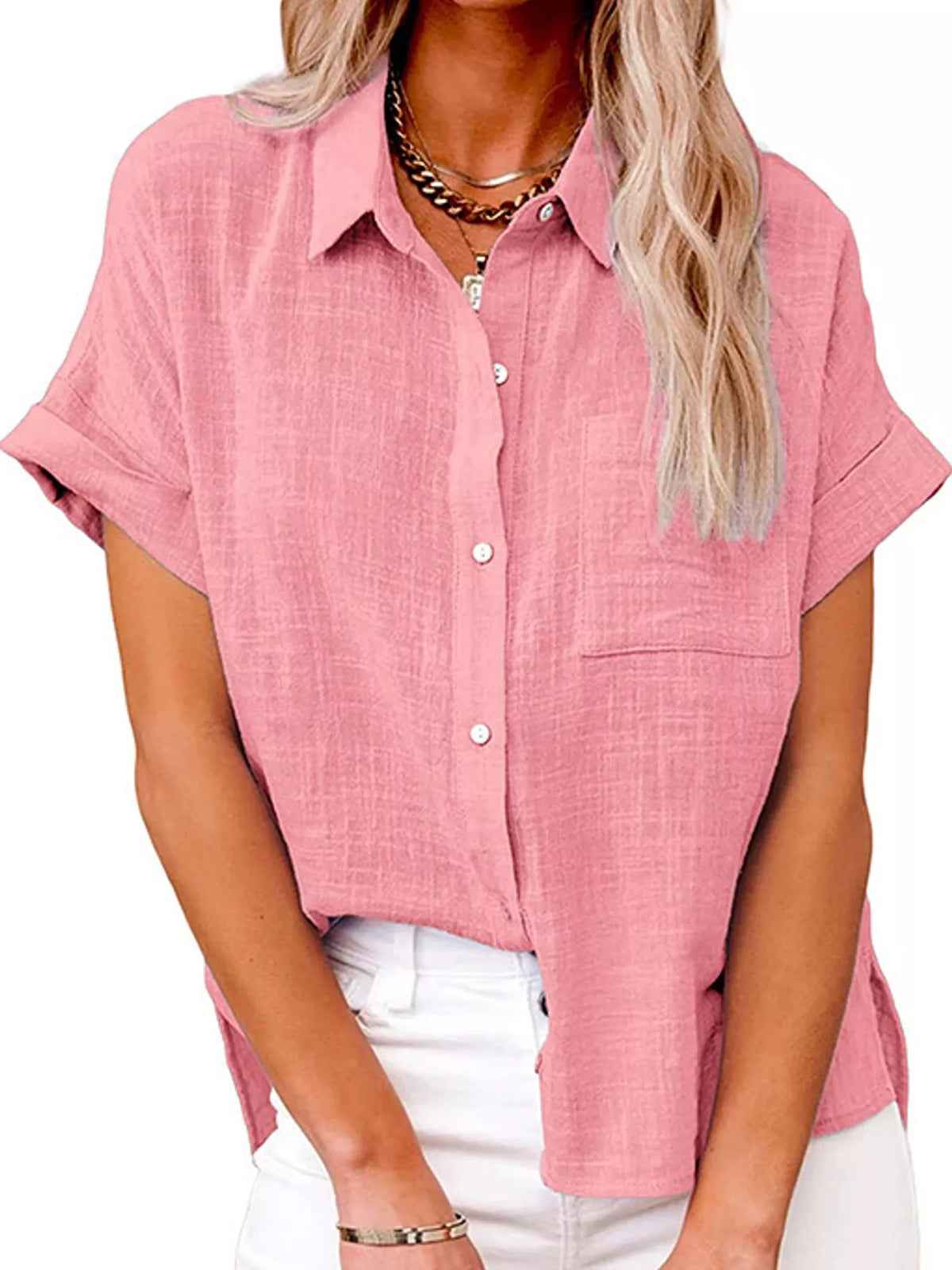 Women's Button Up Short Sleeve Shirt in pink — front view