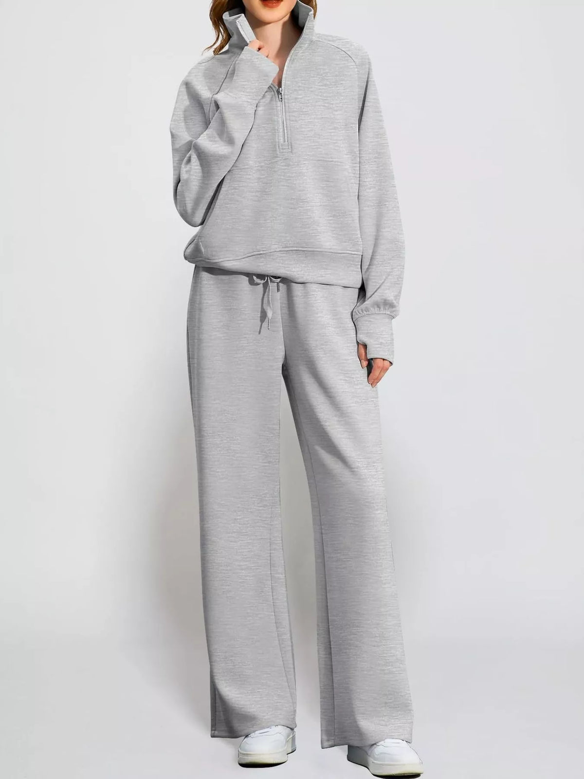 Half-zip top and pants set, light gray relaxed front