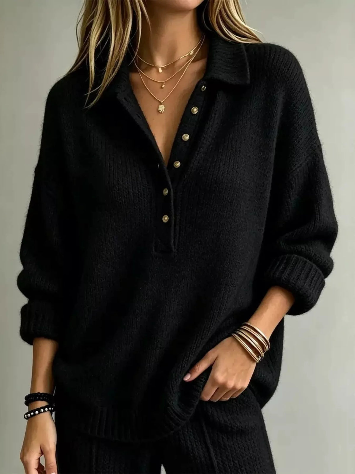 Women's Button Detail Dropped Shoulder Sweater in black — front view