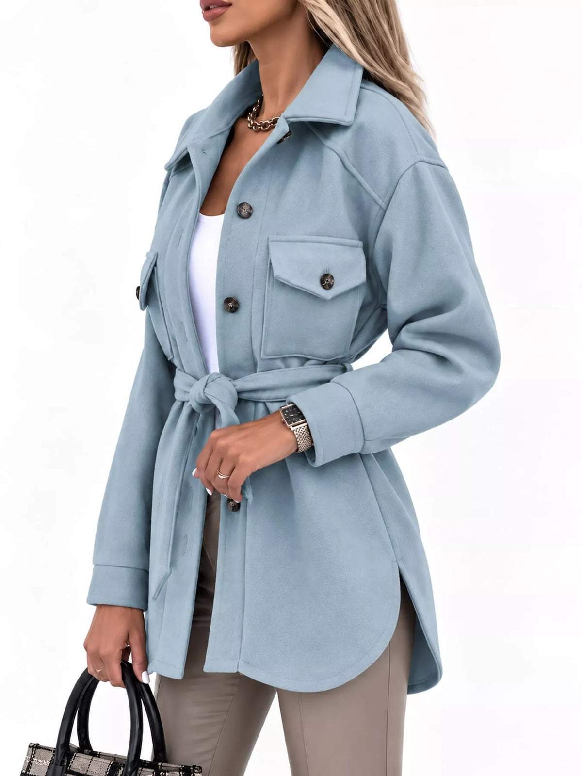 Belted Button-Down Shirt Jacket — front view
