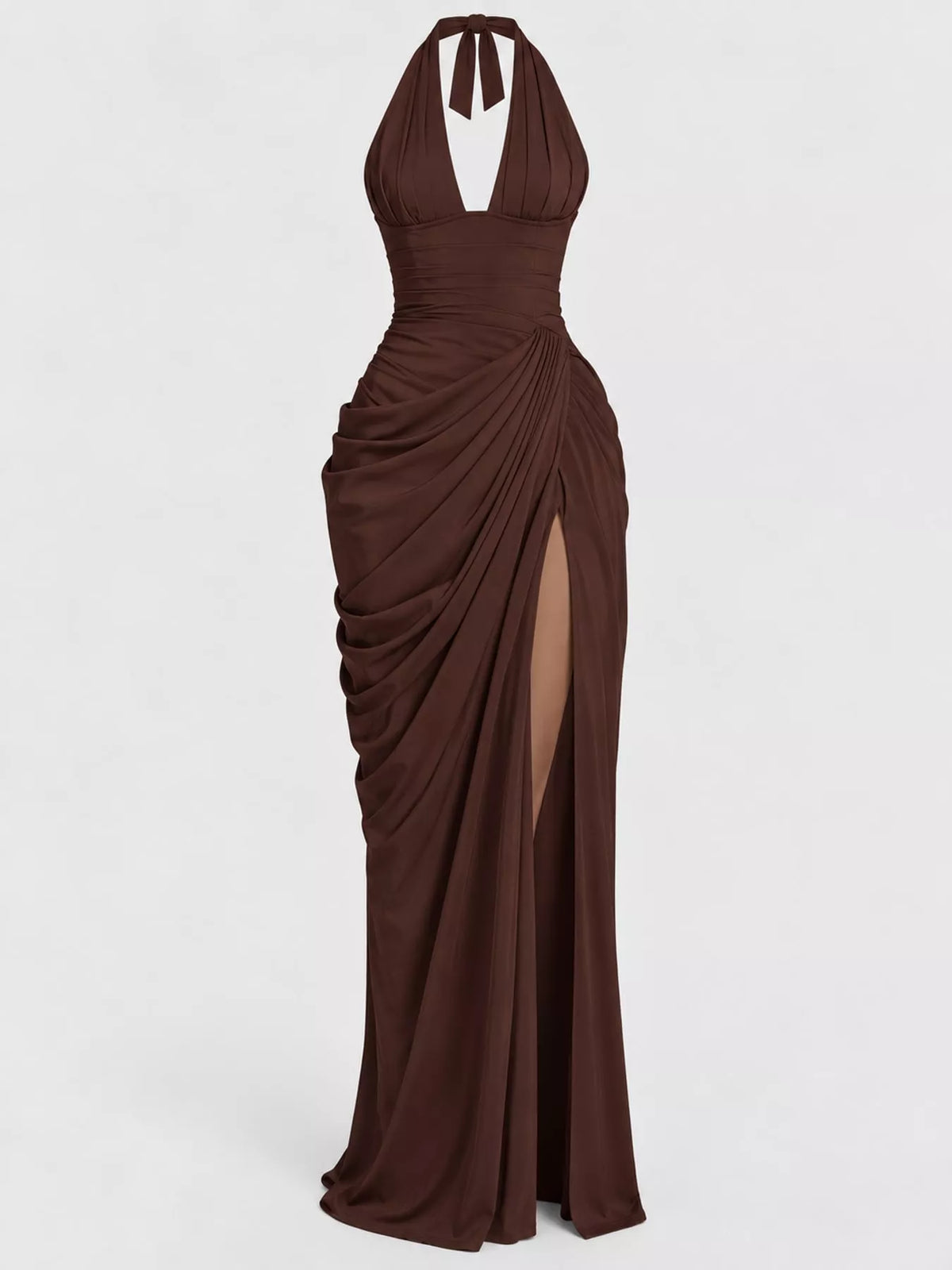Brown halter neck high-slit maxi evening dress — front view