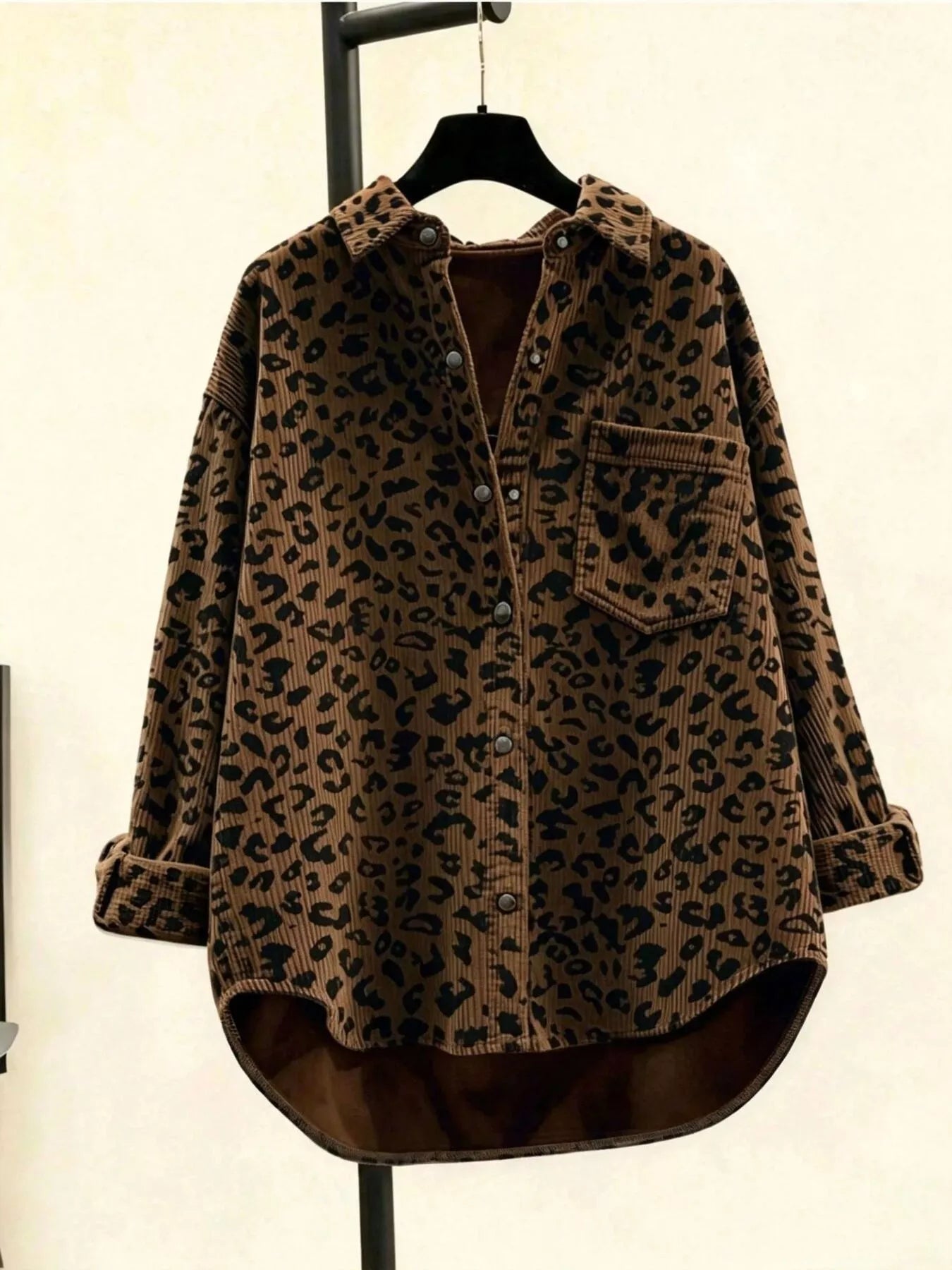 Trendsi Oversized Leopard Corduroy Button-Down Shirt -