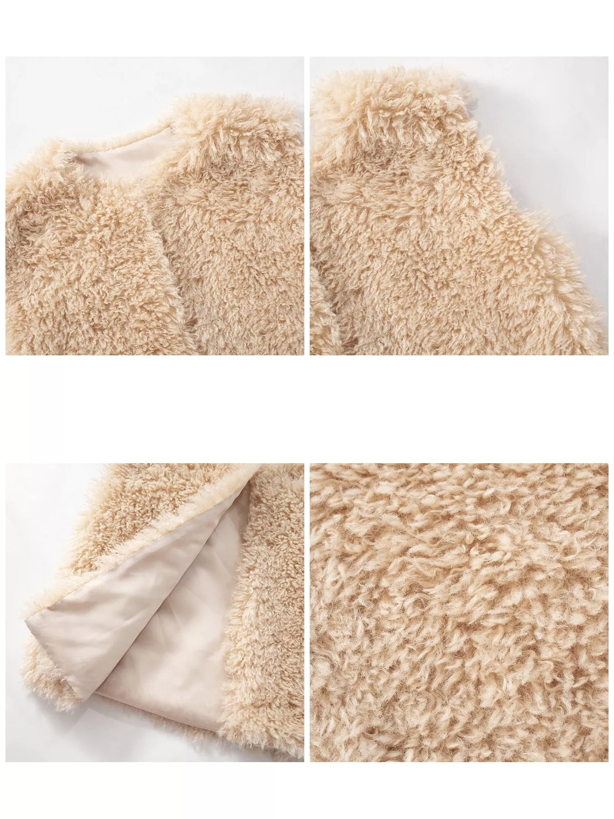 Faux Fur Open Front Vest Coat, detail view in cream
