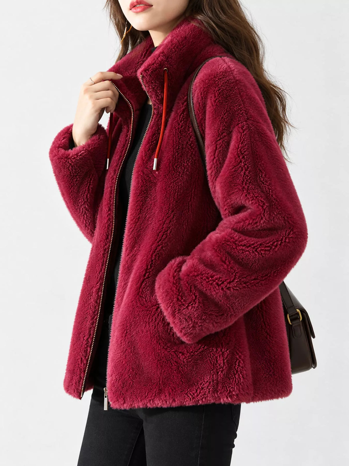Faux-fur jacket, burgundy side