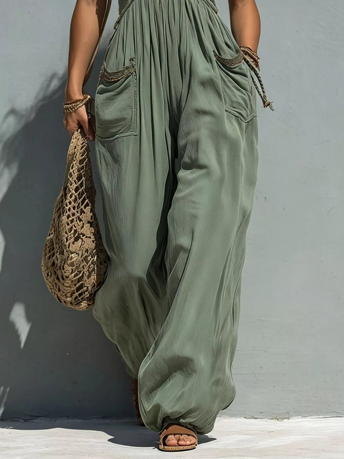 Moss wide-leg jumpsuit, lace-trim pocket and leg detail