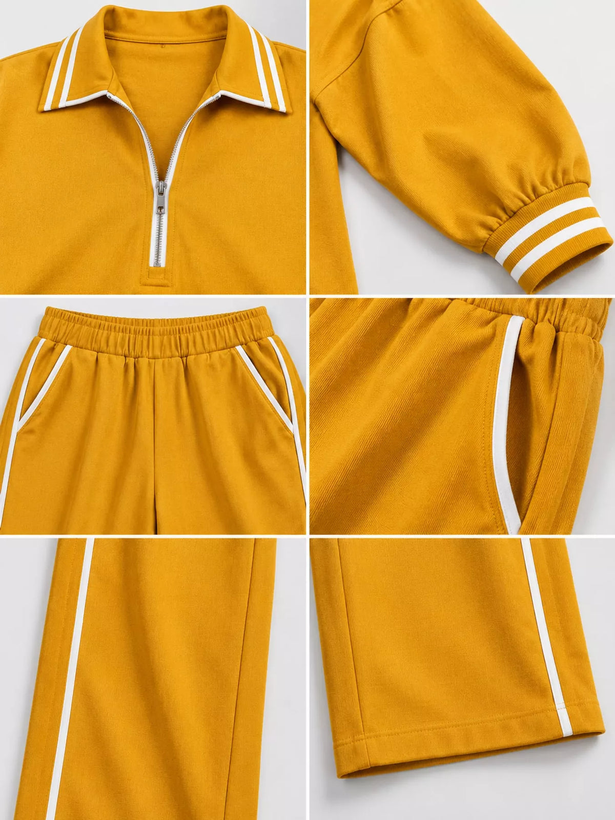 Yellow striped half zip top and pants set, zip collar, cuffs, elastic waist, pocket, and leg hem close-ups