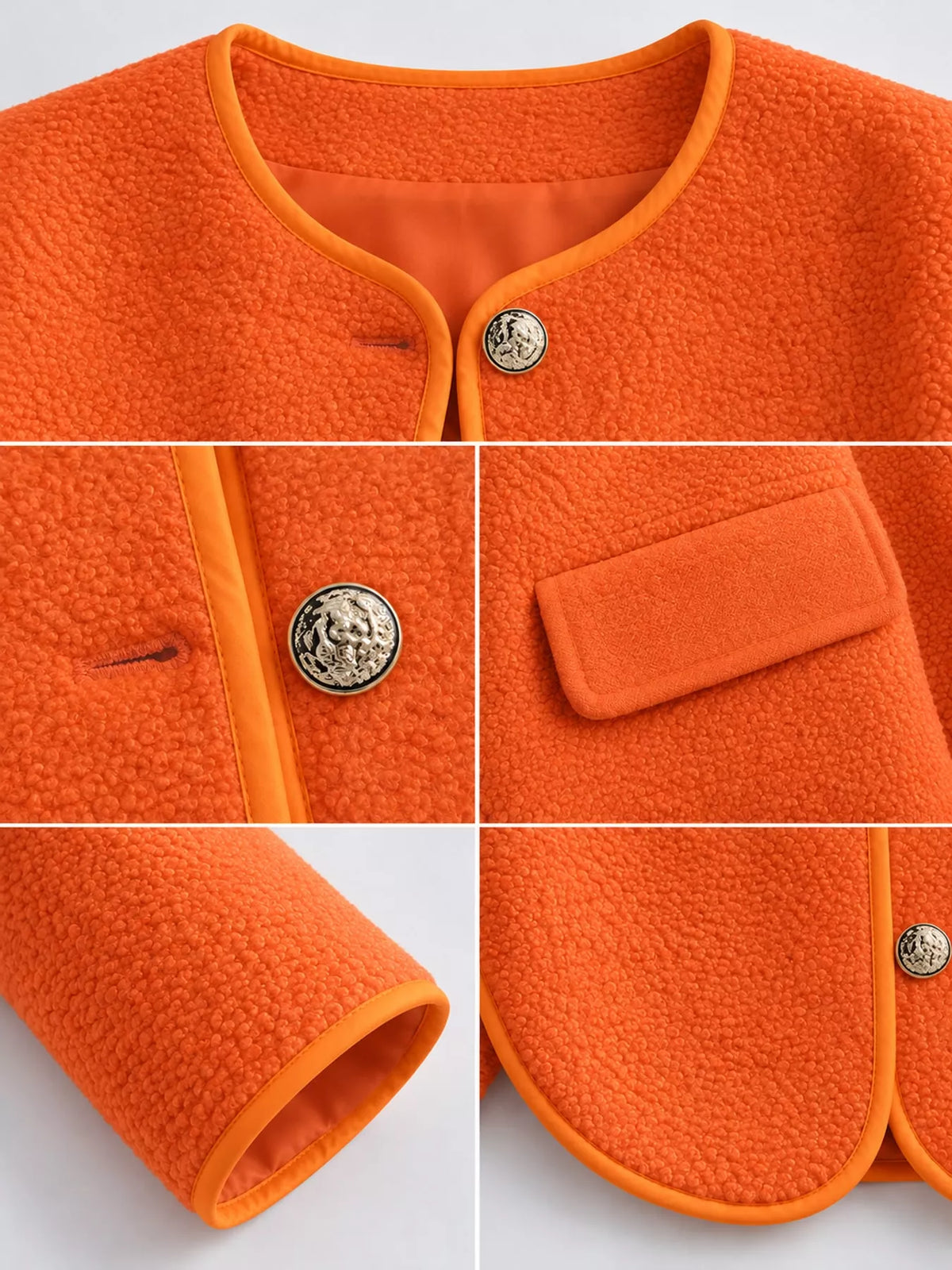 Orange textured button-front jacket — design and construction details