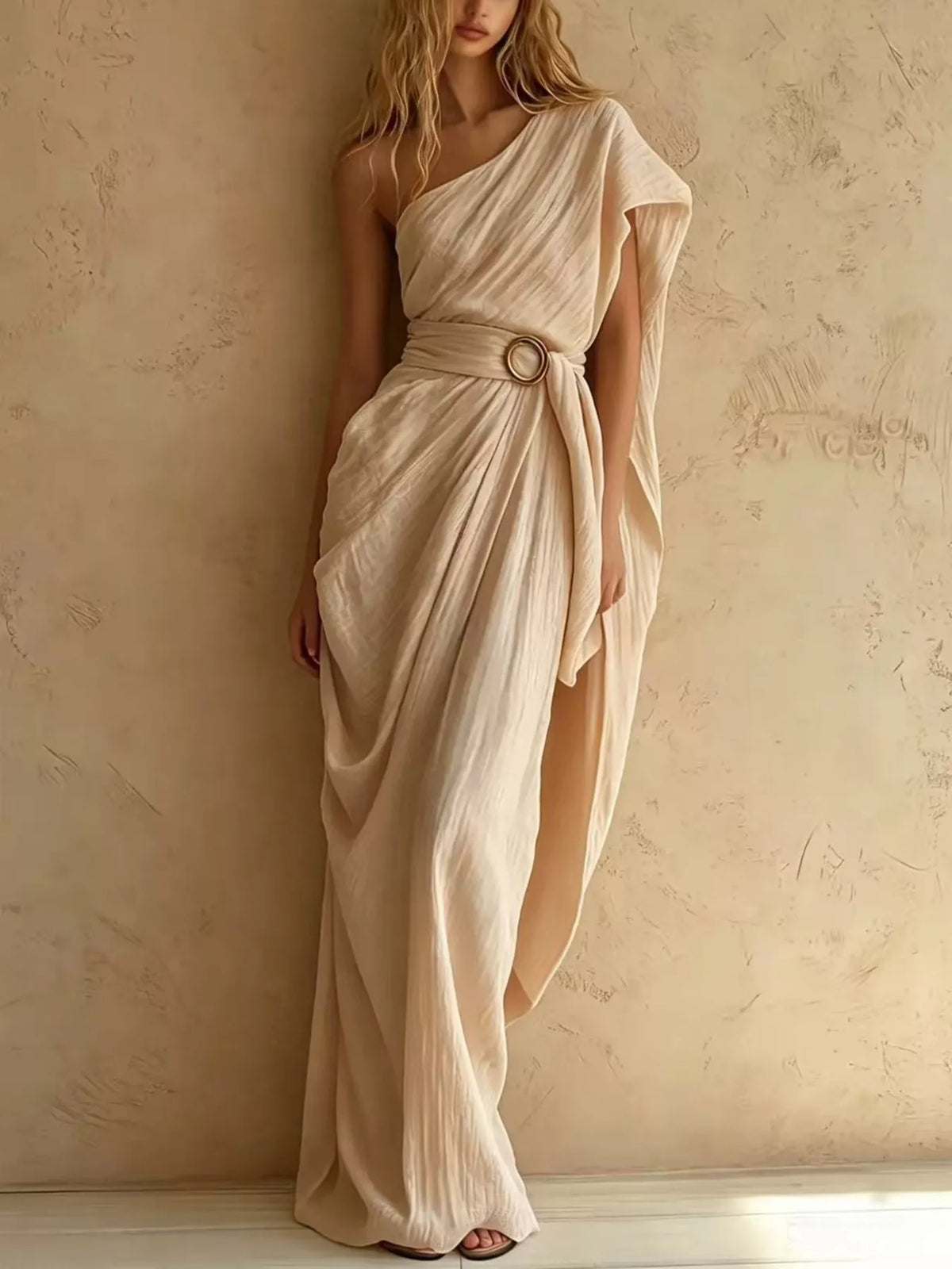 Cream one-shoulder draped maxi dress, full front view