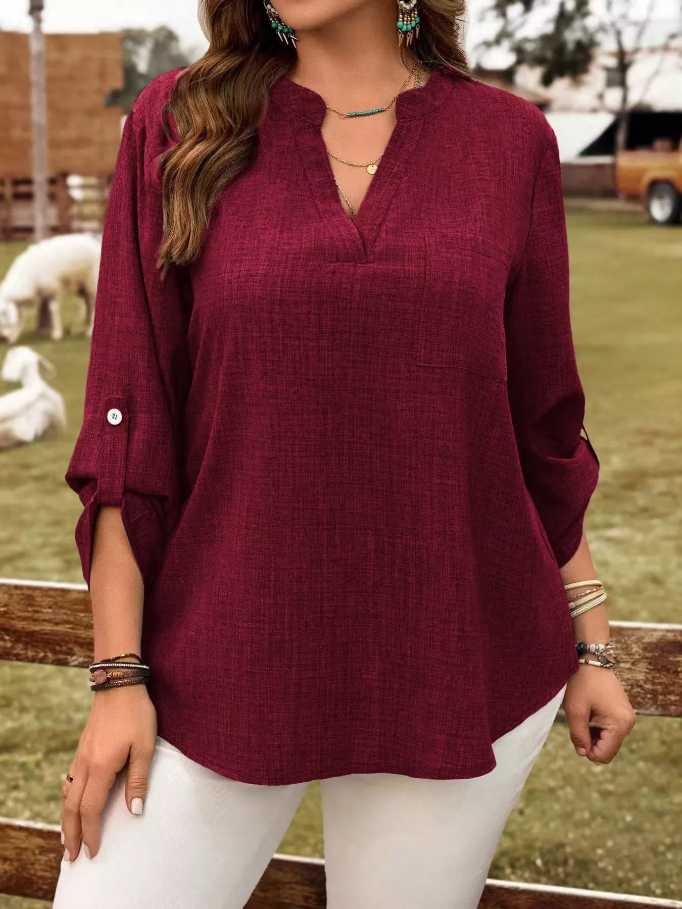 Trendsi Plus Size Notched Roll-Tab Sleeve Casual Blouse -