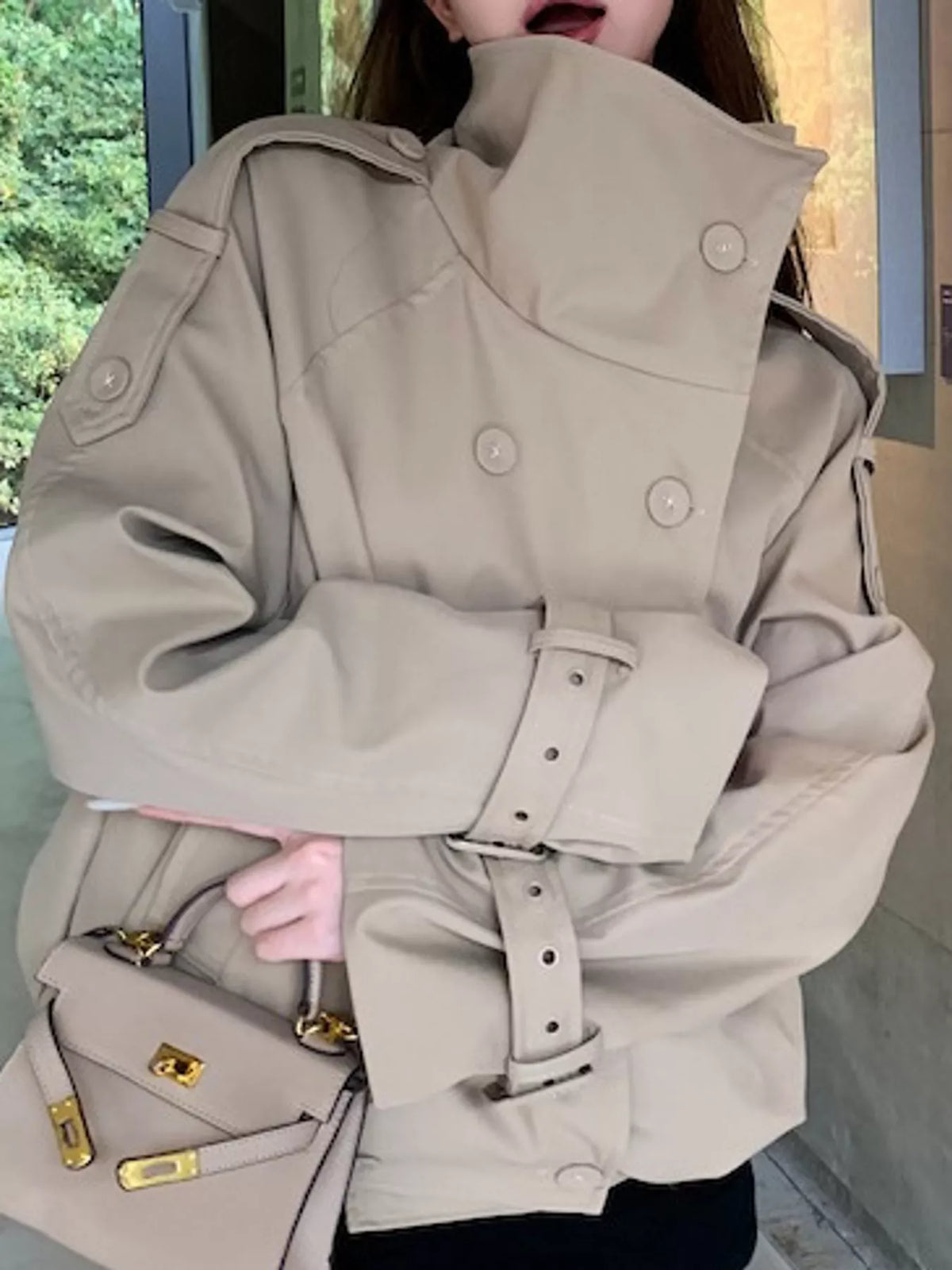 Khaki double-breasted trench jacket with stand collar