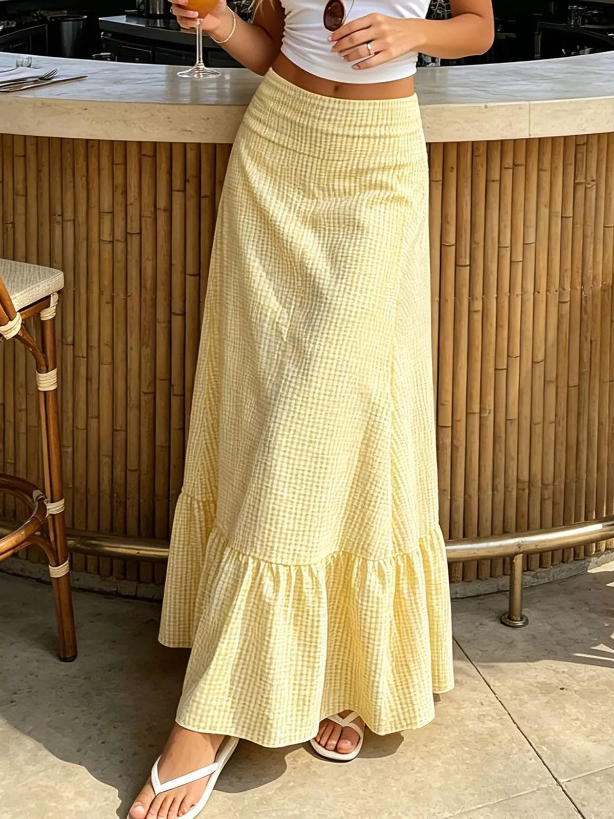 Yellow gingham maxi skirt with ruffled hem