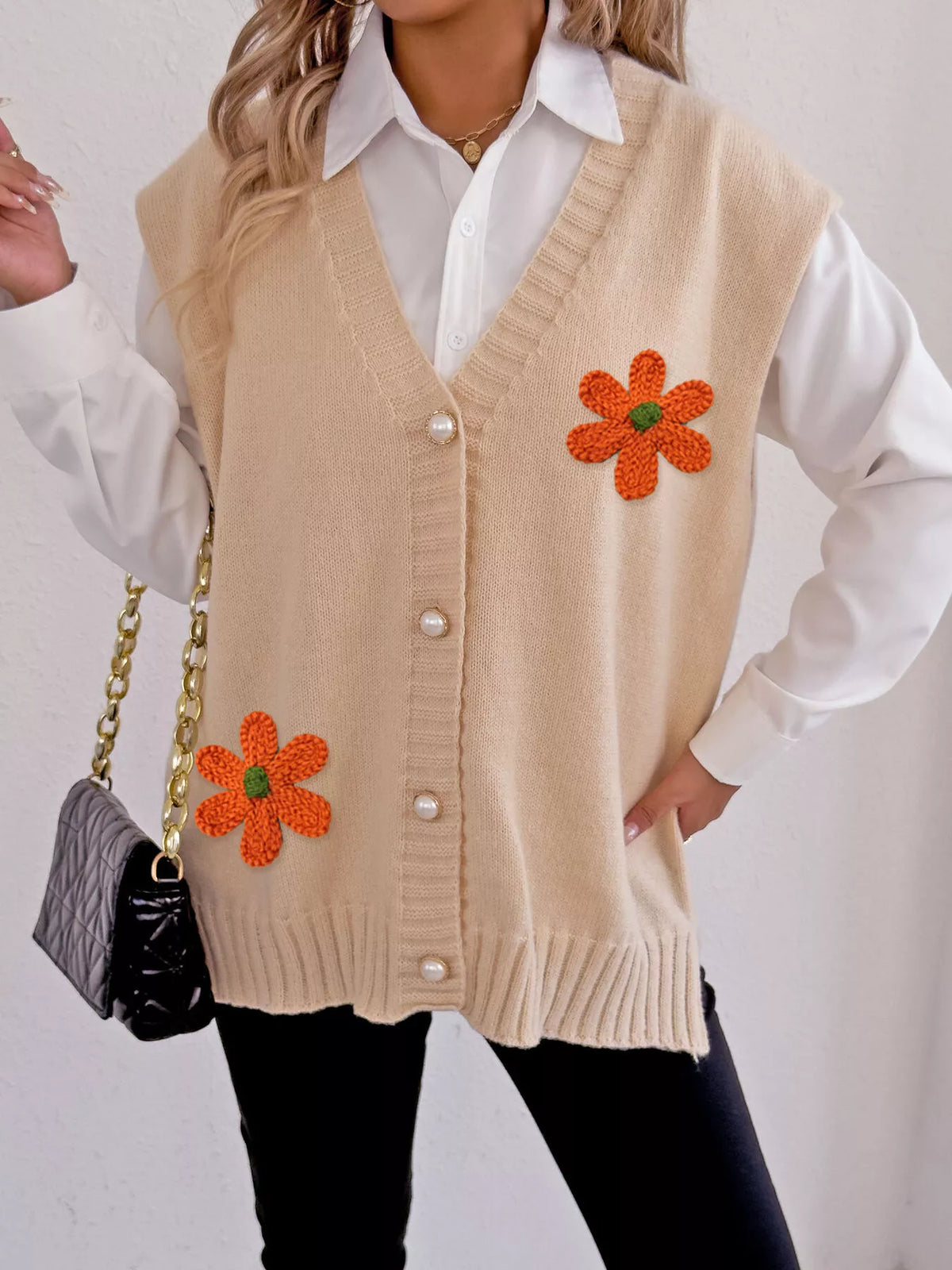 Flower V-neck sleeveless cardigan