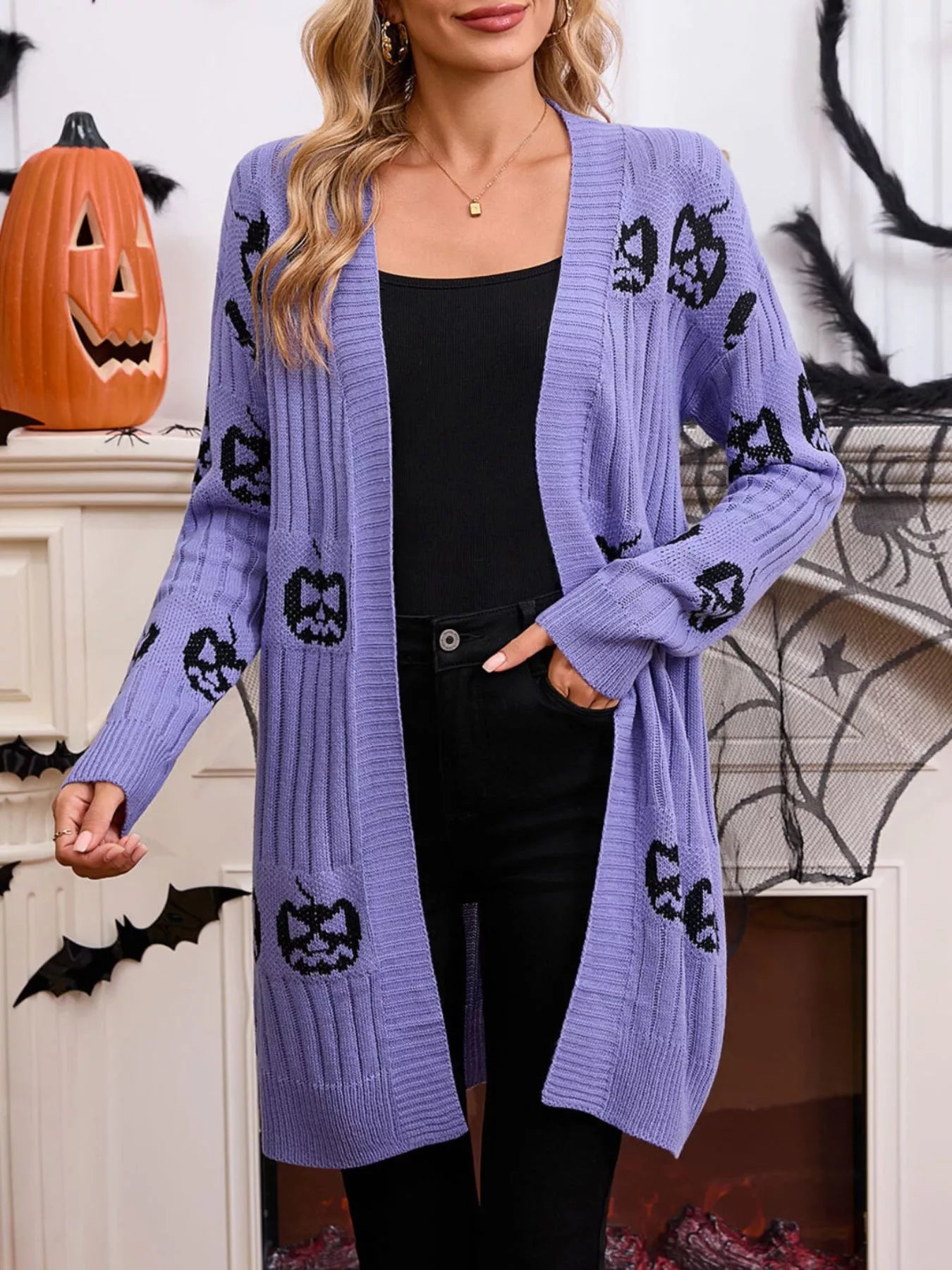 Trendsi Halloween Pumpkin Open Front Knit Cardigan -