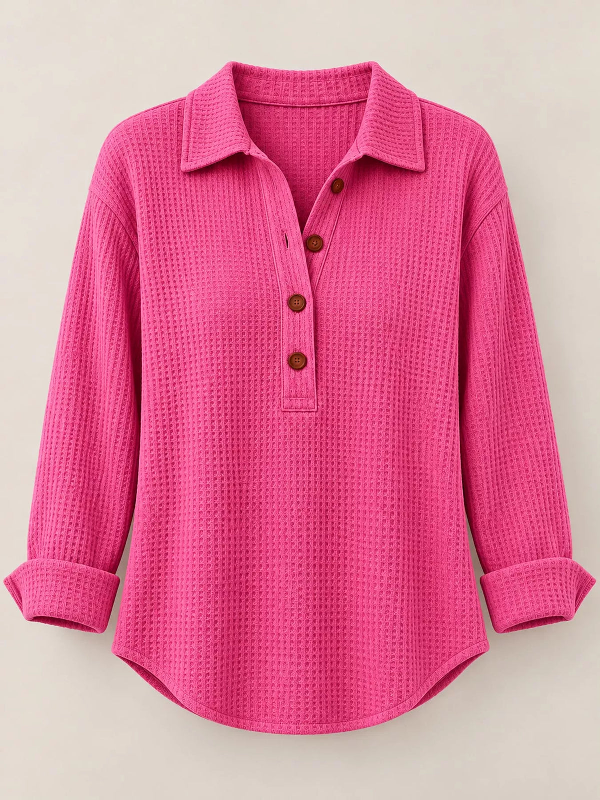 Pink waffle knit long sleeve polo top, front view