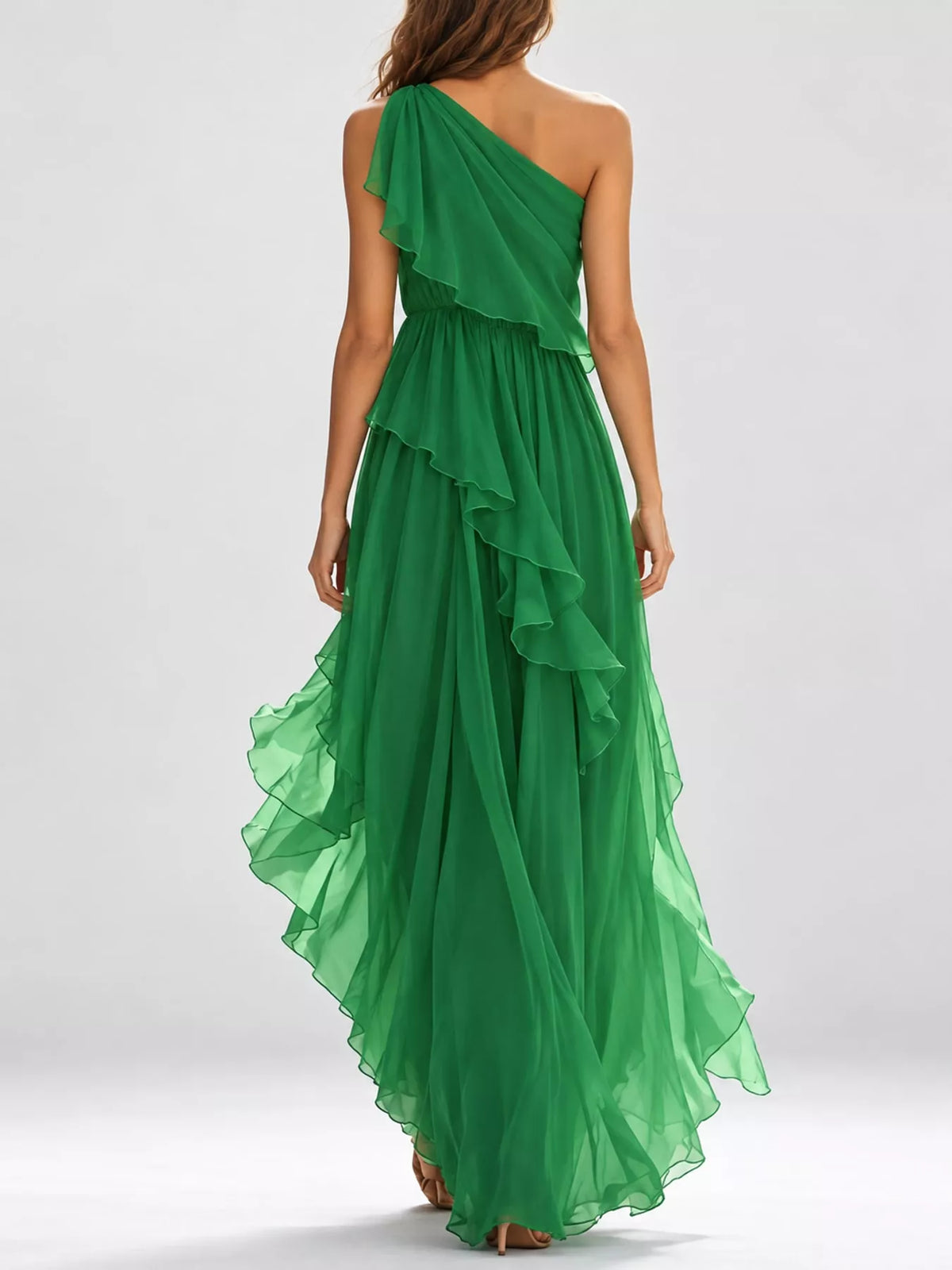 Women's One-Shoulder Ruffled Chiffon Maxi Dress in green — back view