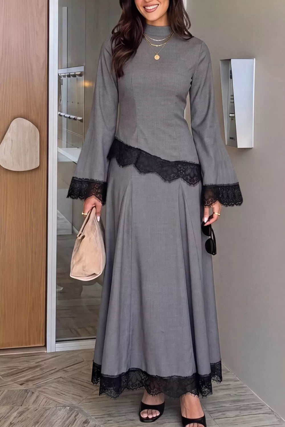 Lace-trim mock-neck top and skirt set
