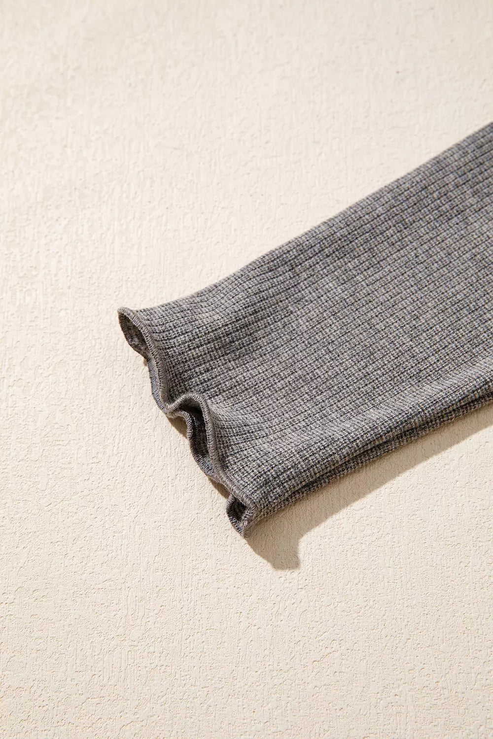 Ribbed Lace Trim V-Neck Button Detail Top in gray, cuff detail