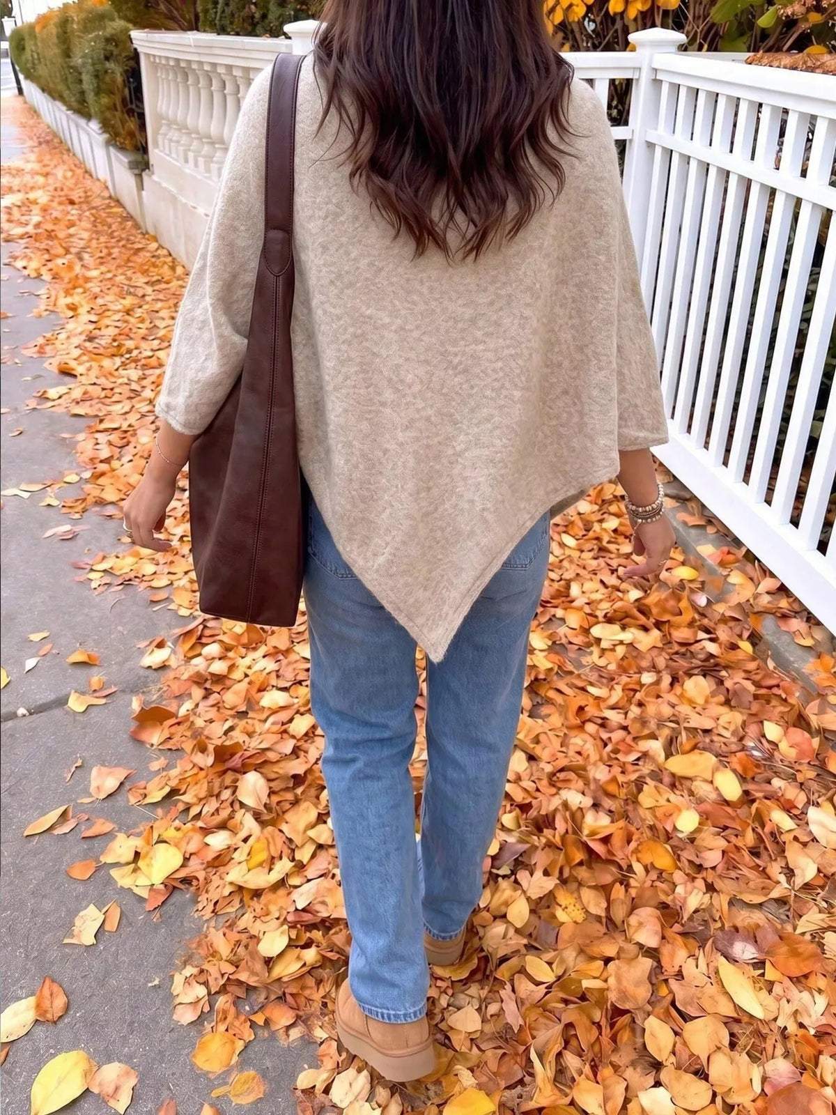 Khaki Oversized Round Neck Cape Sweater, back view