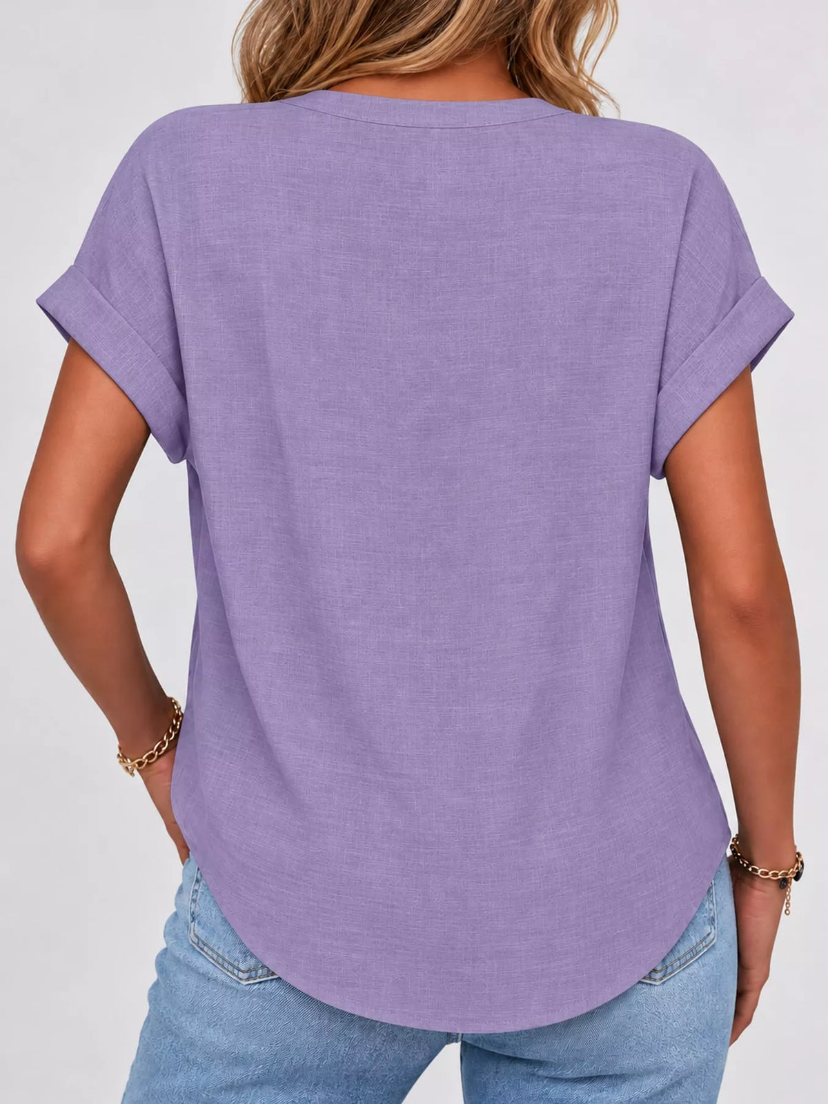 Purple button detail short sleeve blouse, back view