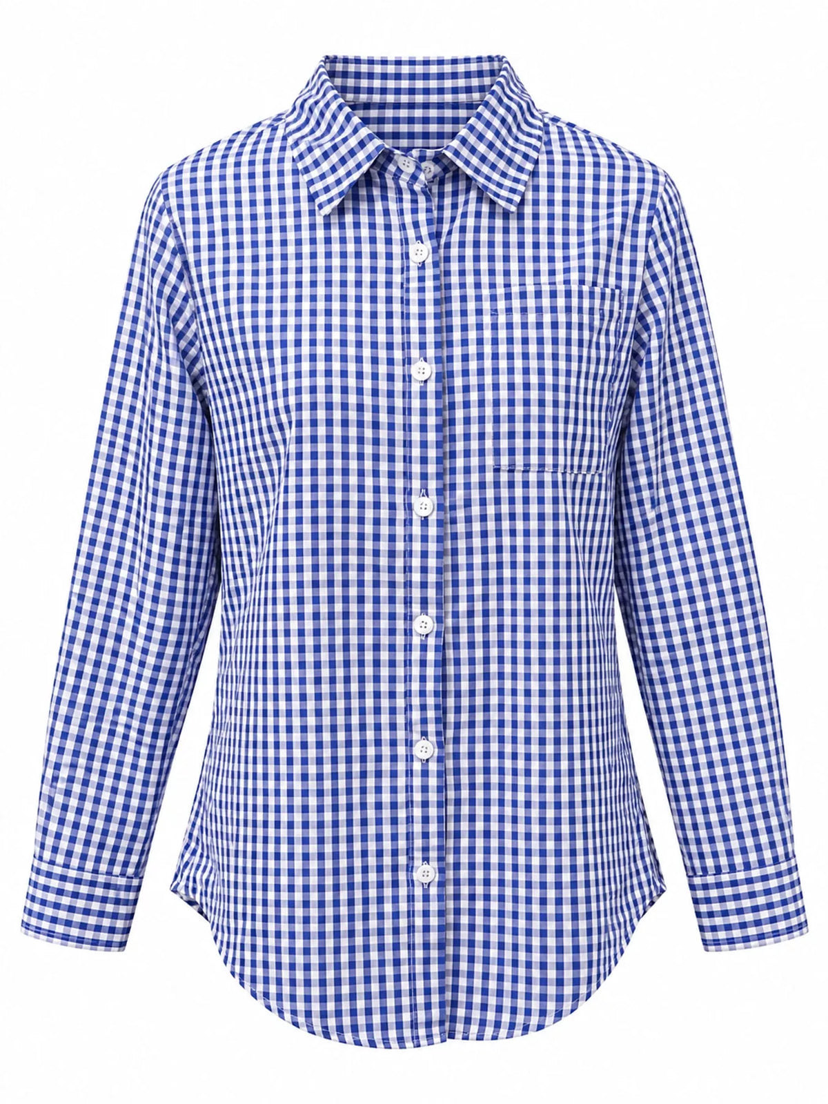 Navy and white plaid button-down shirt