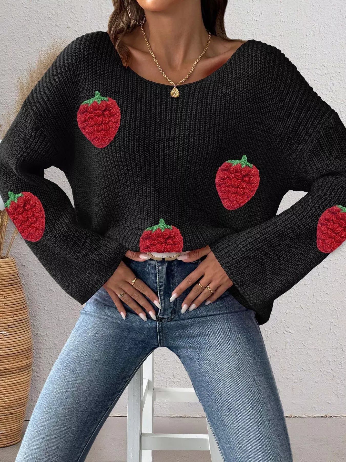 Trendsi Strawberry Applique Oversized Sweater -