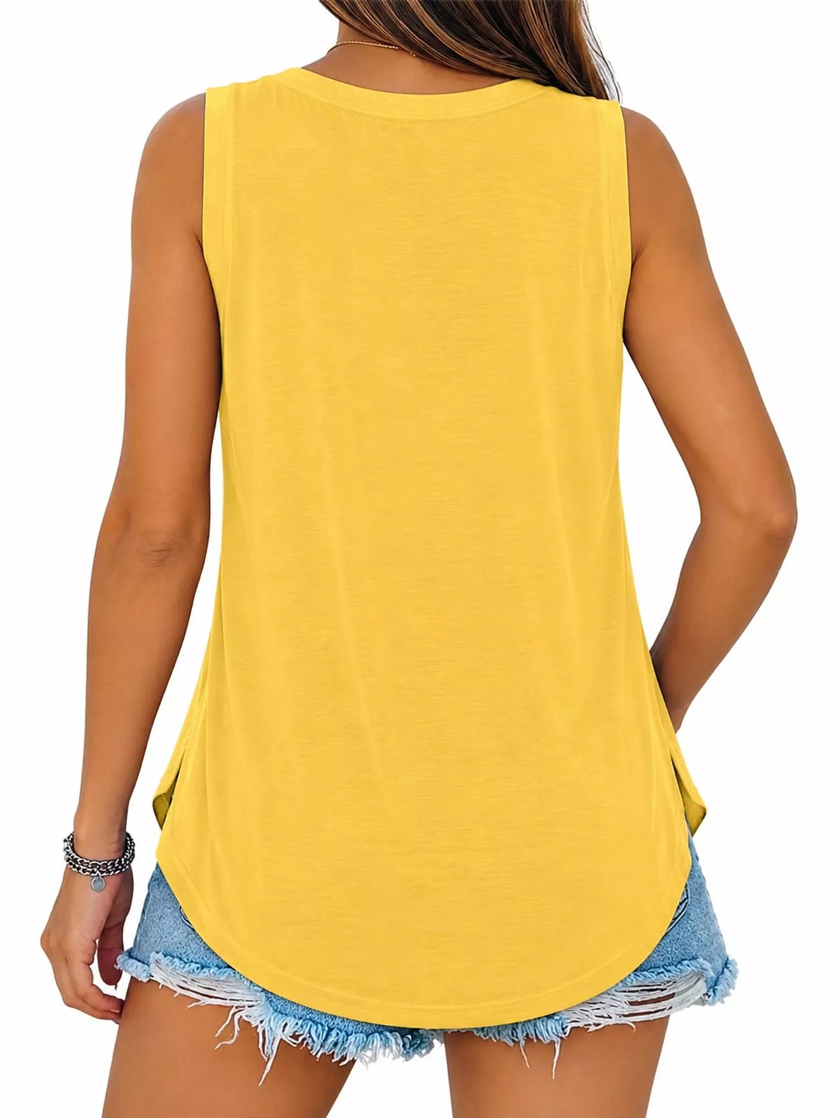Yellow v-neck loose fit tank top, back view